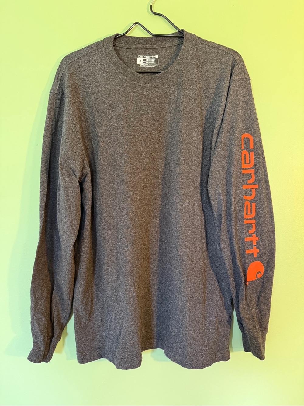 Carhartt Long Sleeve Logo Tee - Charcoal with Orange Sleeve Print